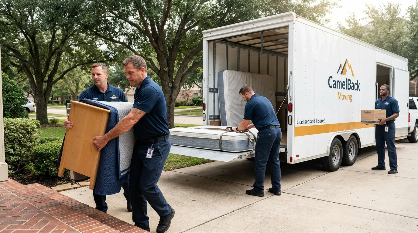 Crew loading residential truck for cross-state move from Munday, TX
