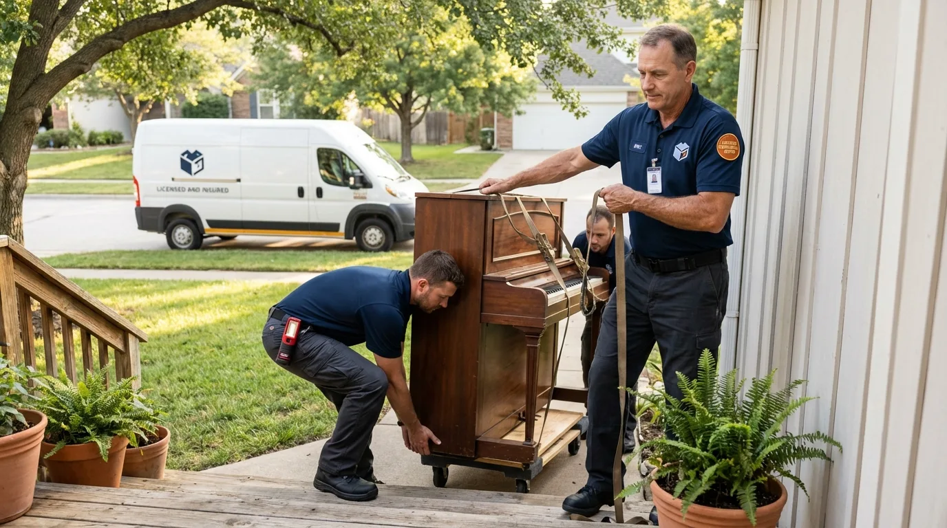 Licensed piano movers securing grand piano in Munday, TX