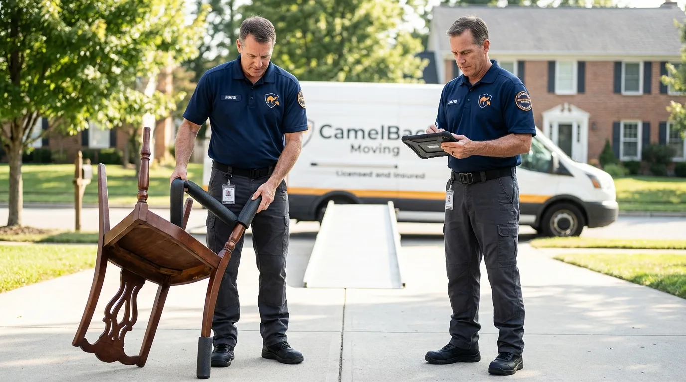 Movers inspecting furniture for damage prevention before loading in Munday, TX