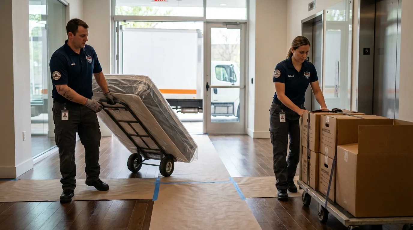 Professional apartment movers loading elevator in Munday, TX